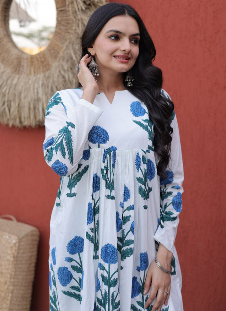 White Flower Printed Cotton Office Wear Kurti And Pant