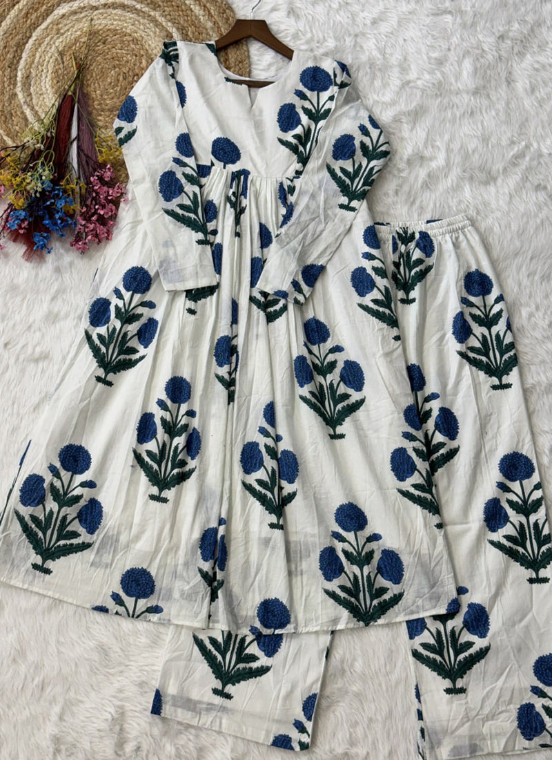 White Flower Printed Cotton Office Wear Kurti And Pant