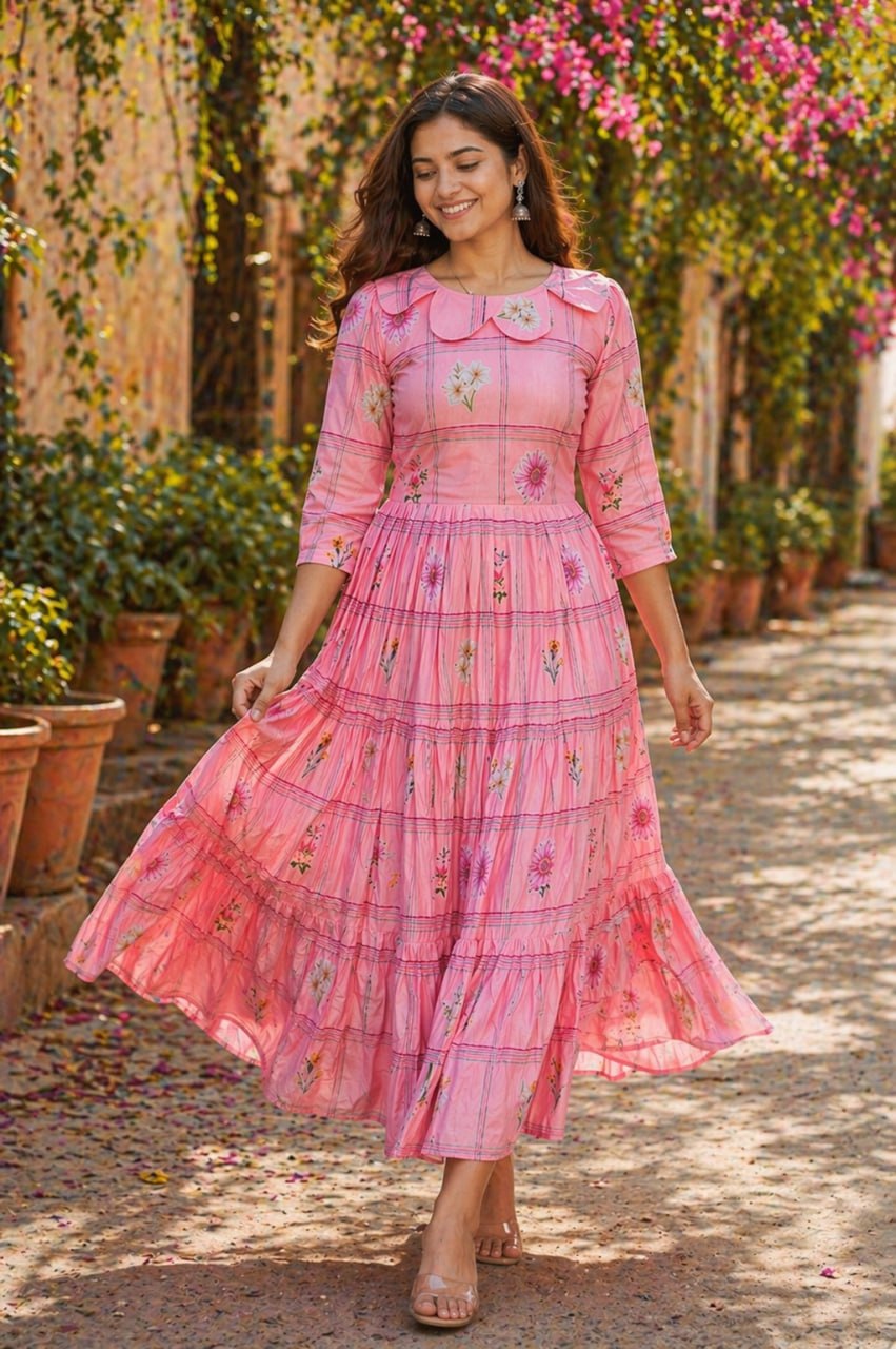 Pink Muslin Silk Printed Outwear Midi Dress