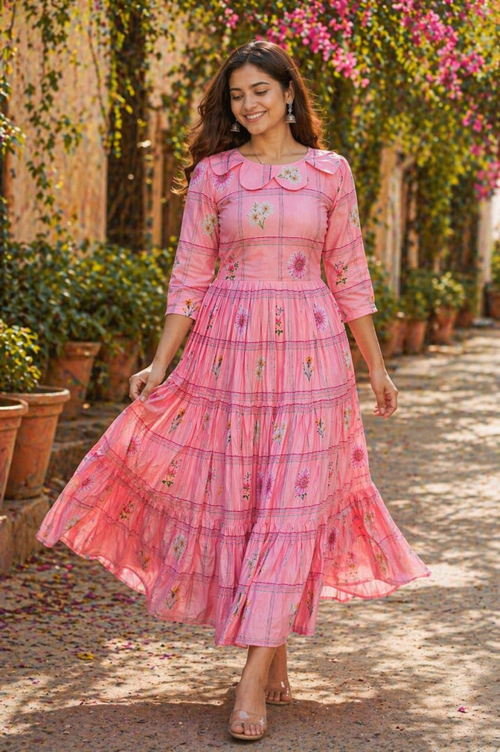 Pink Muslin Silk Printed Outwear Midi Dress