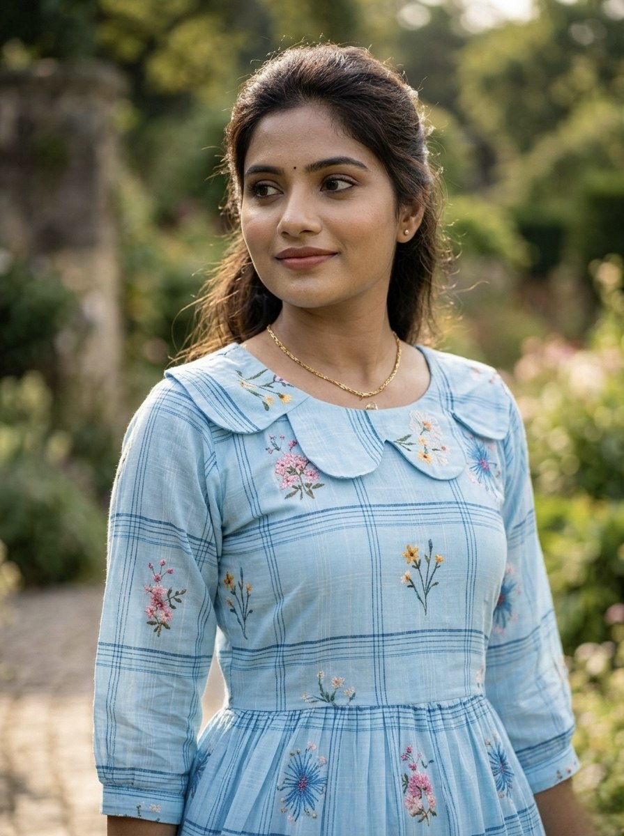 Sky Blue Muslin Silk Printed Outwear Midi Dress