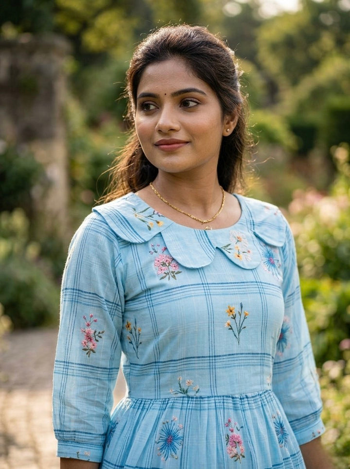 Sky Blue Muslin Silk Printed Outwear Midi Dress