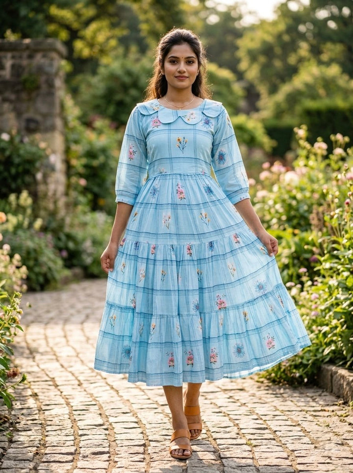 Sky Blue Muslin Silk Printed Outwear Midi Dress
