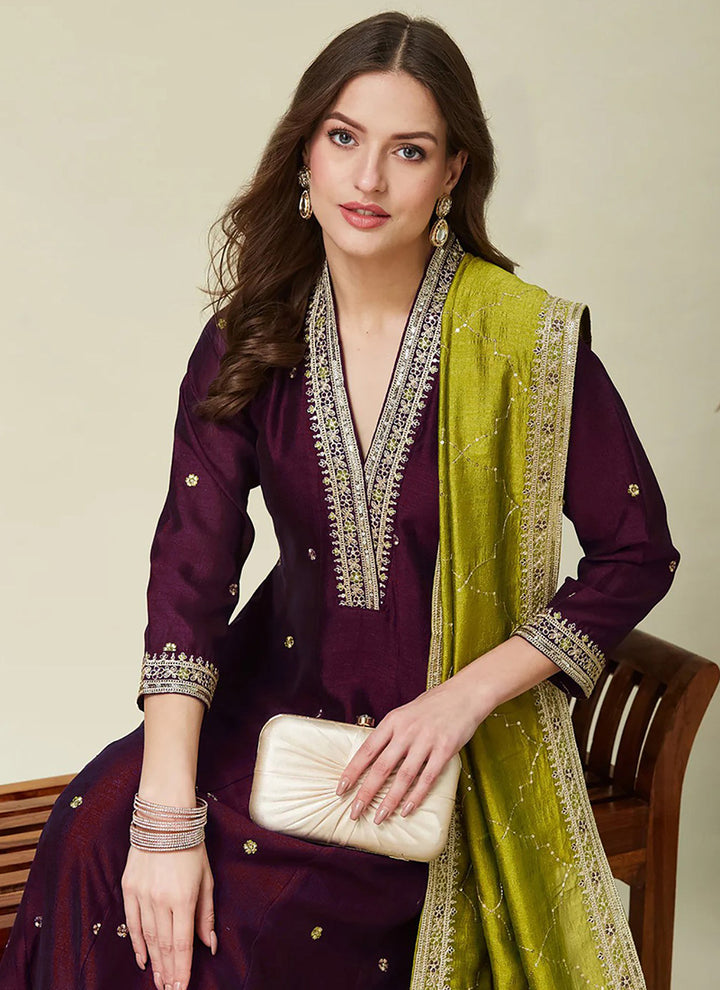Wine Vichitra Silk Embroidered Anarkali Style Kurta Set