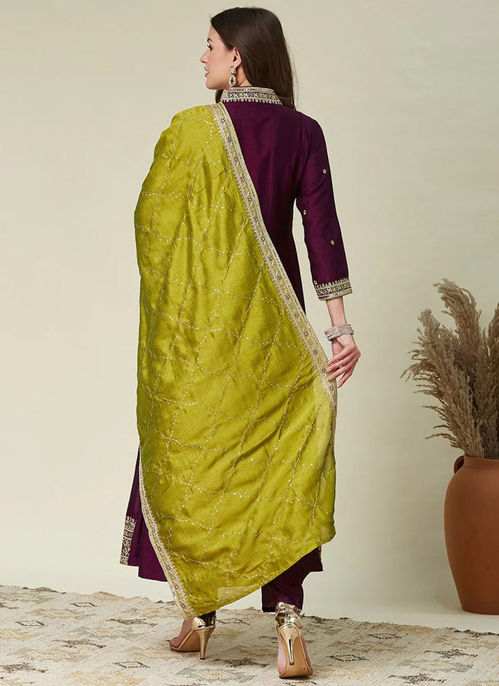 Wine Vichitra Silk Embroidered Anarkali Style Kurta Set