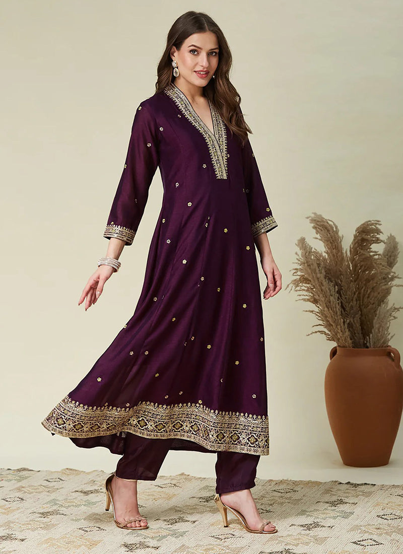 Wine Vichitra Silk Embroidered Anarkali Style Kurta Set