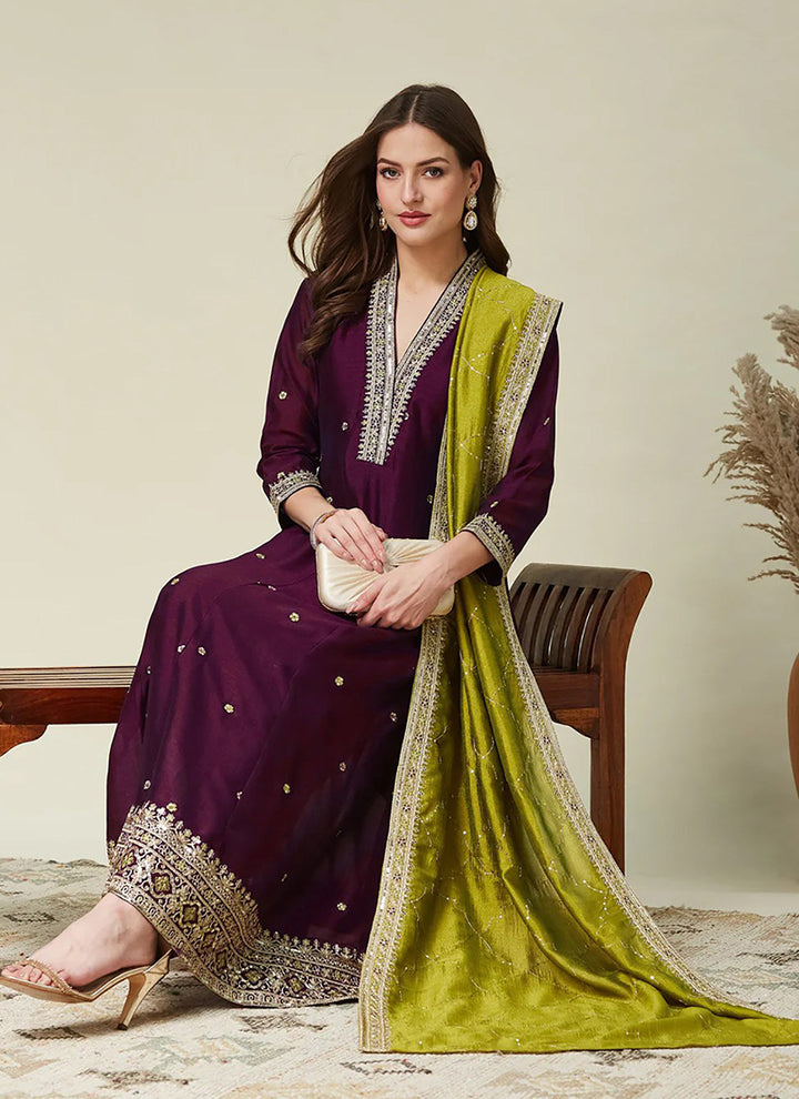 Wine Vichitra Silk Embroidered Anarkali Style Kurta Set