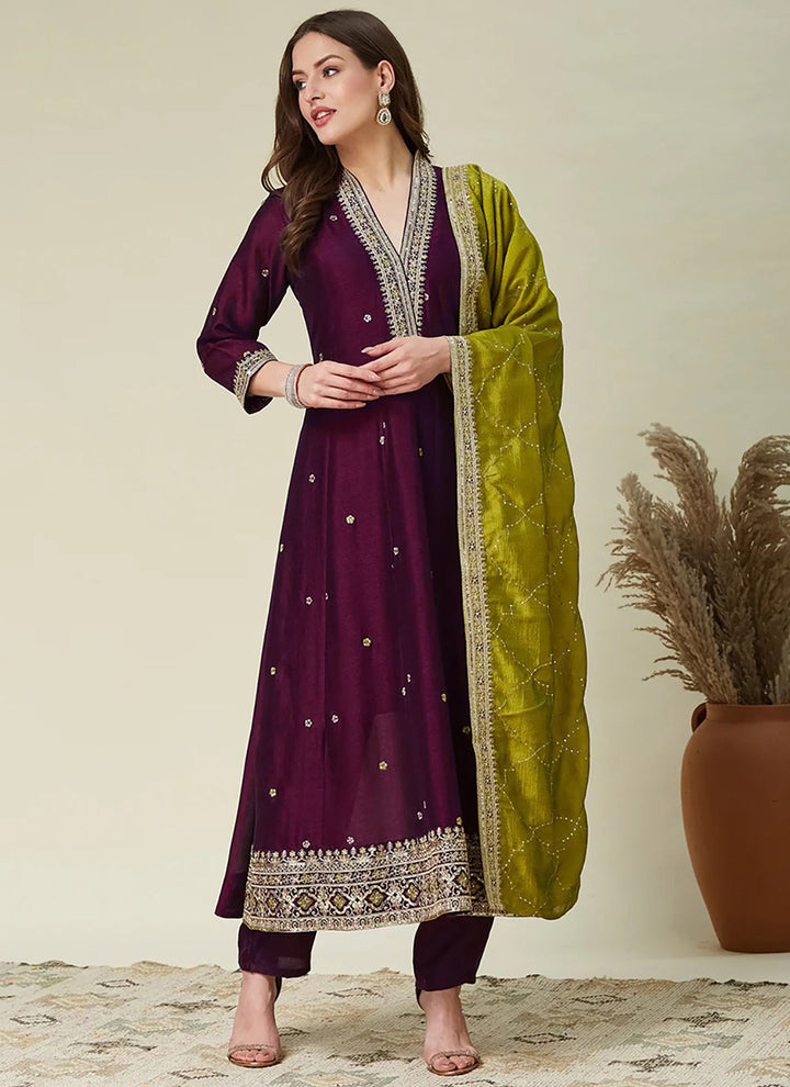 Wine Vichitra Silk Embroidered Anarkali Style Kurta Set