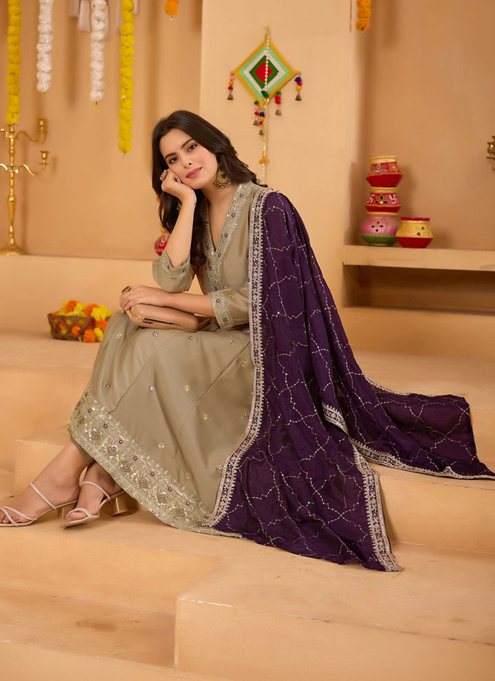 Olive Green Vichitra Silk Embroidered Anarkali Style Kurta Set