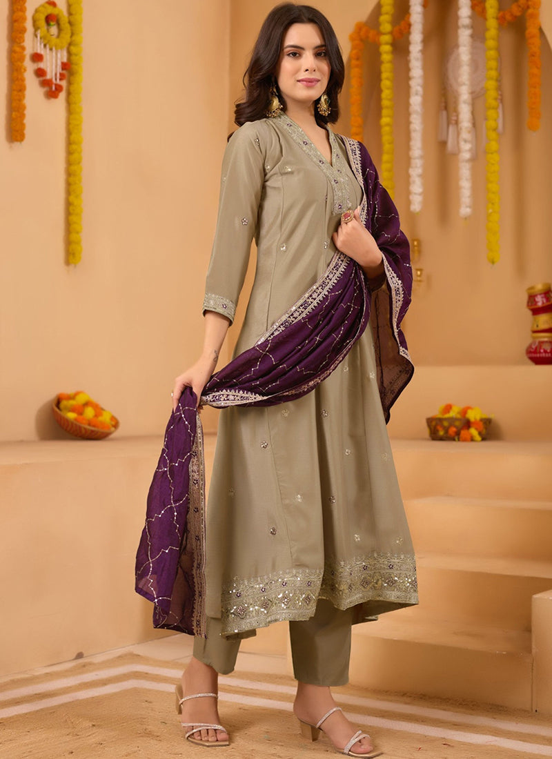 Olive Green Vichitra Silk Embroidered Anarkali Style Kurta Set