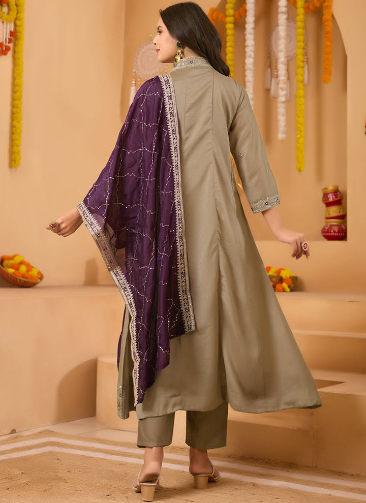 Olive Green Vichitra Silk Embroidered Anarkali Style Kurta Set