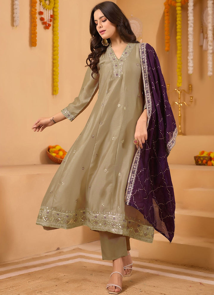 Olive Green Vichitra Silk Embroidered Anarkali Style Kurta Set