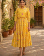 Yellow Checkered Printed Muslin Silk Midi Dress