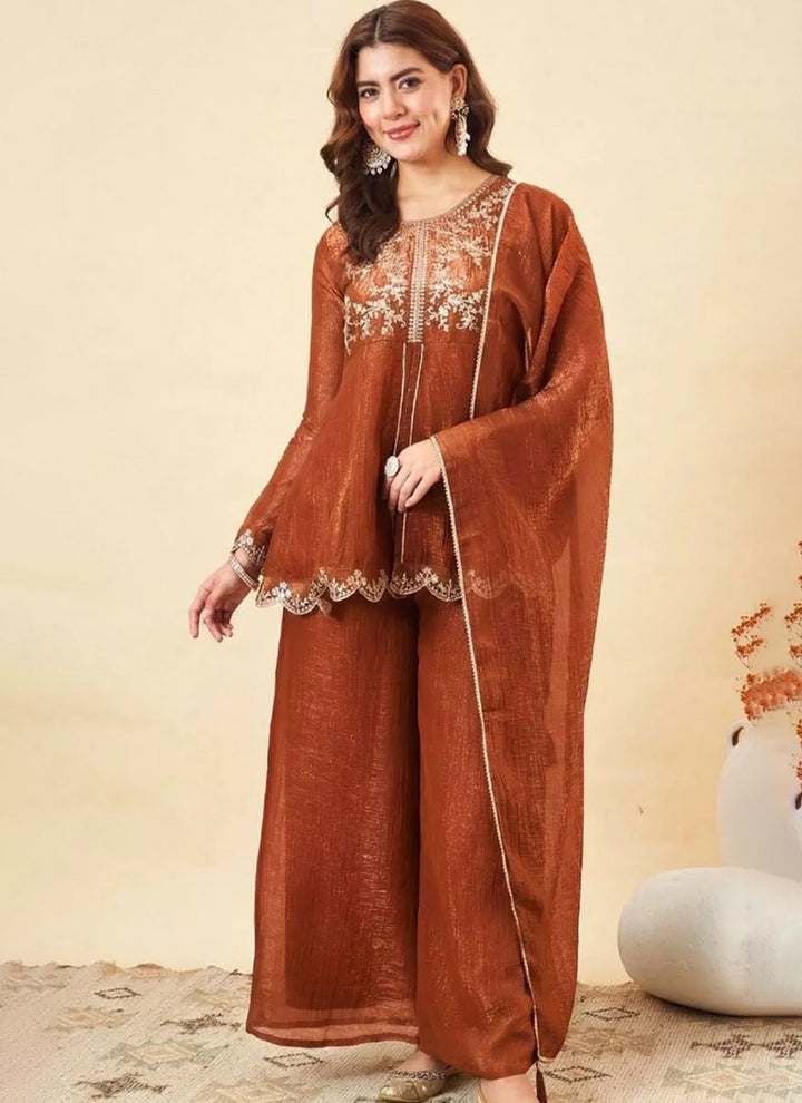Rust Silk Zari Embroidered Sharara Style Ceremonial Kurta Set