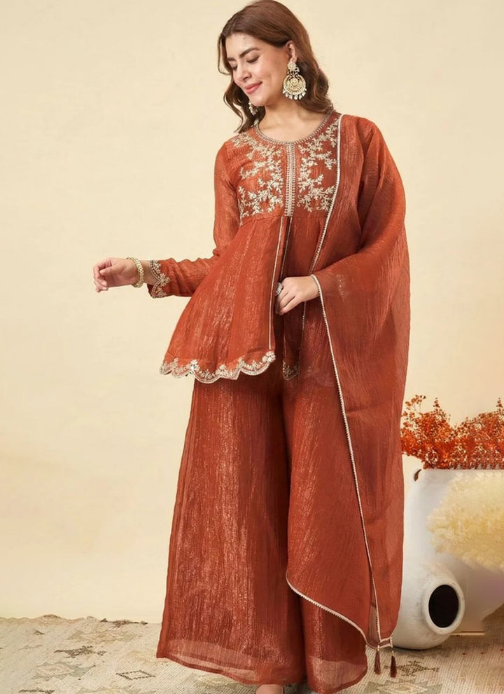 Rust Silk Zari Embroidered Sharara Style Ceremonial Kurta Set