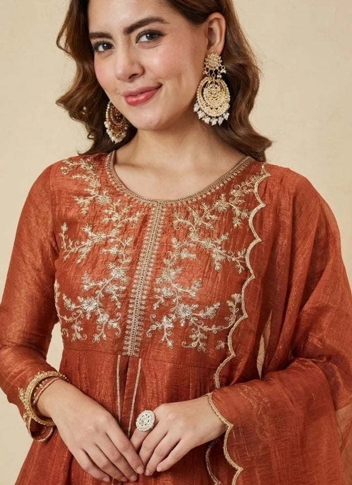 Rust Silk Zari Embroidered Sharara Style Ceremonial Kurta Set
