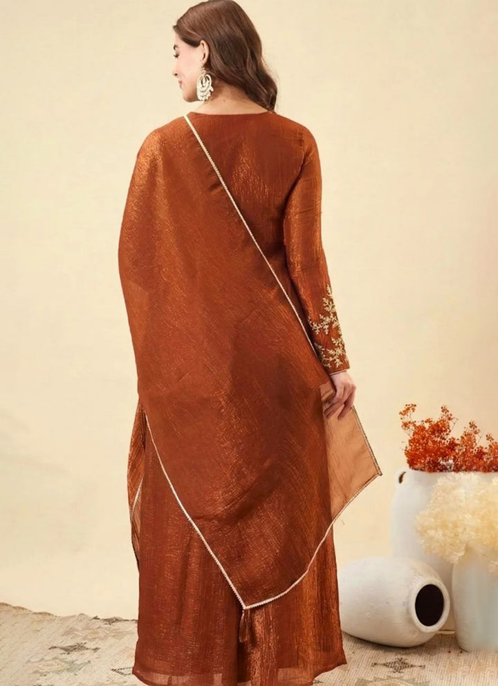 Rust Silk Zari Embroidered Sharara Style Ceremonial Kurta Set