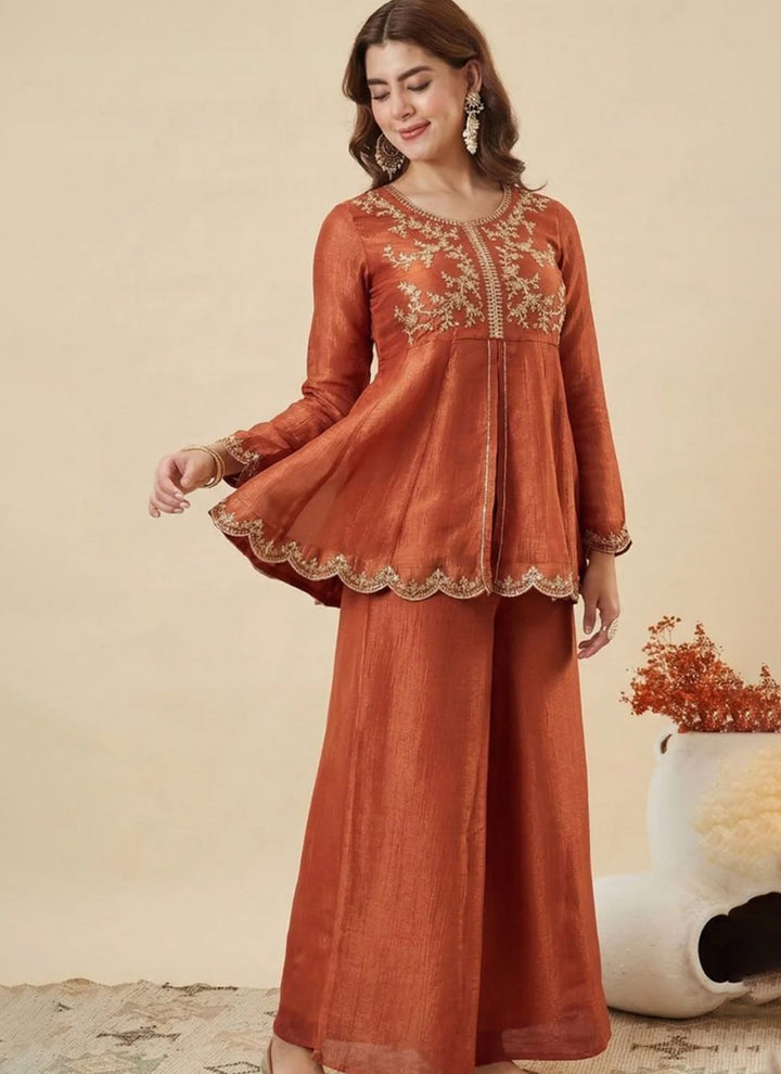 Rust Silk Zari Embroidered Sharara Style Ceremonial Kurta Set