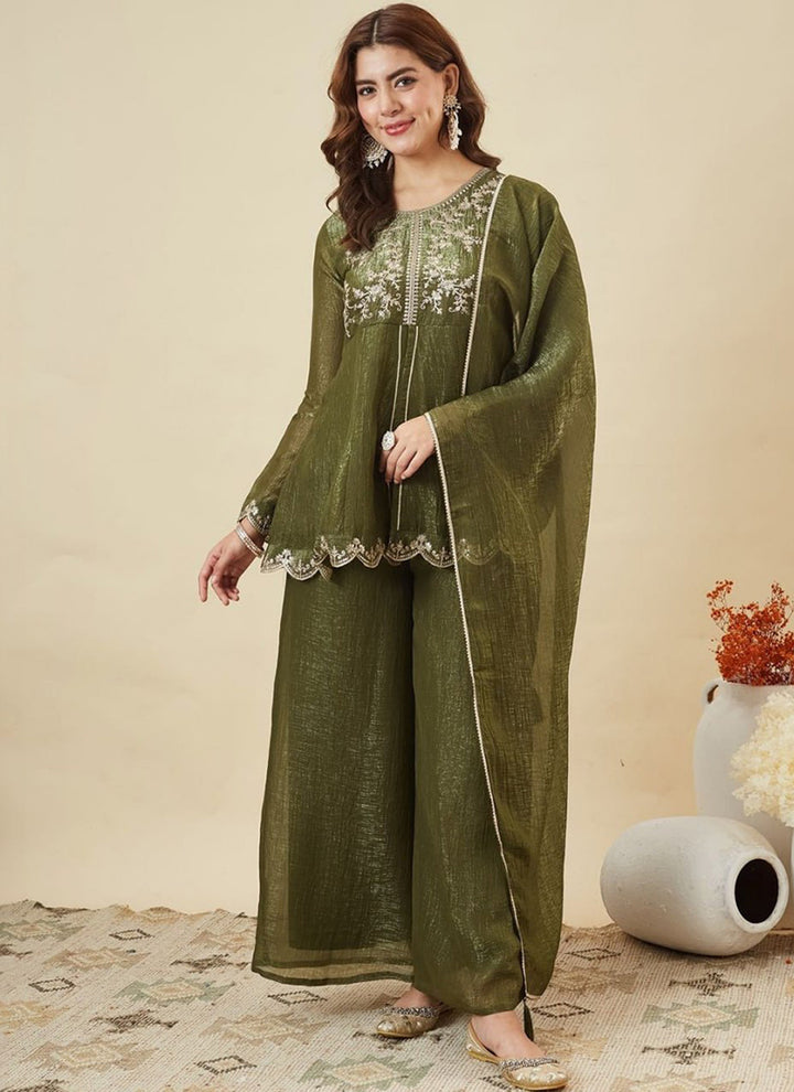 Green Silk Zari Embroidered Sharara Style Festive Kurta Set