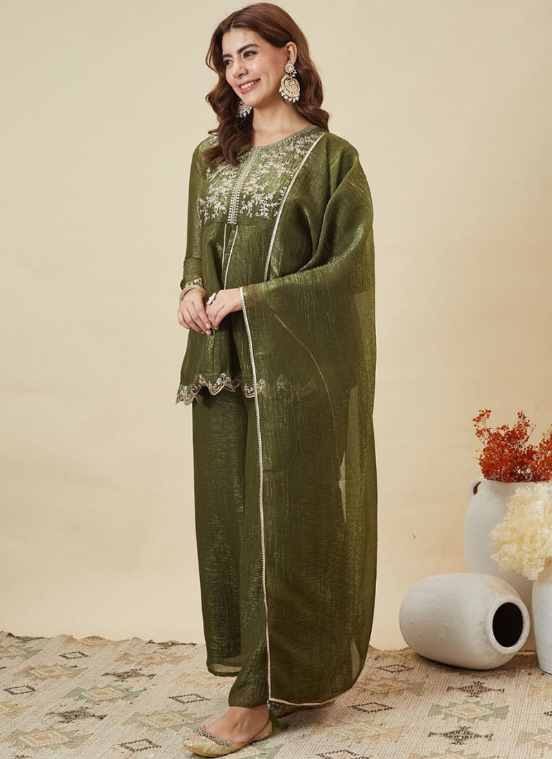 Green Silk Zari Embroidered Sharara Style Festive Kurta Set