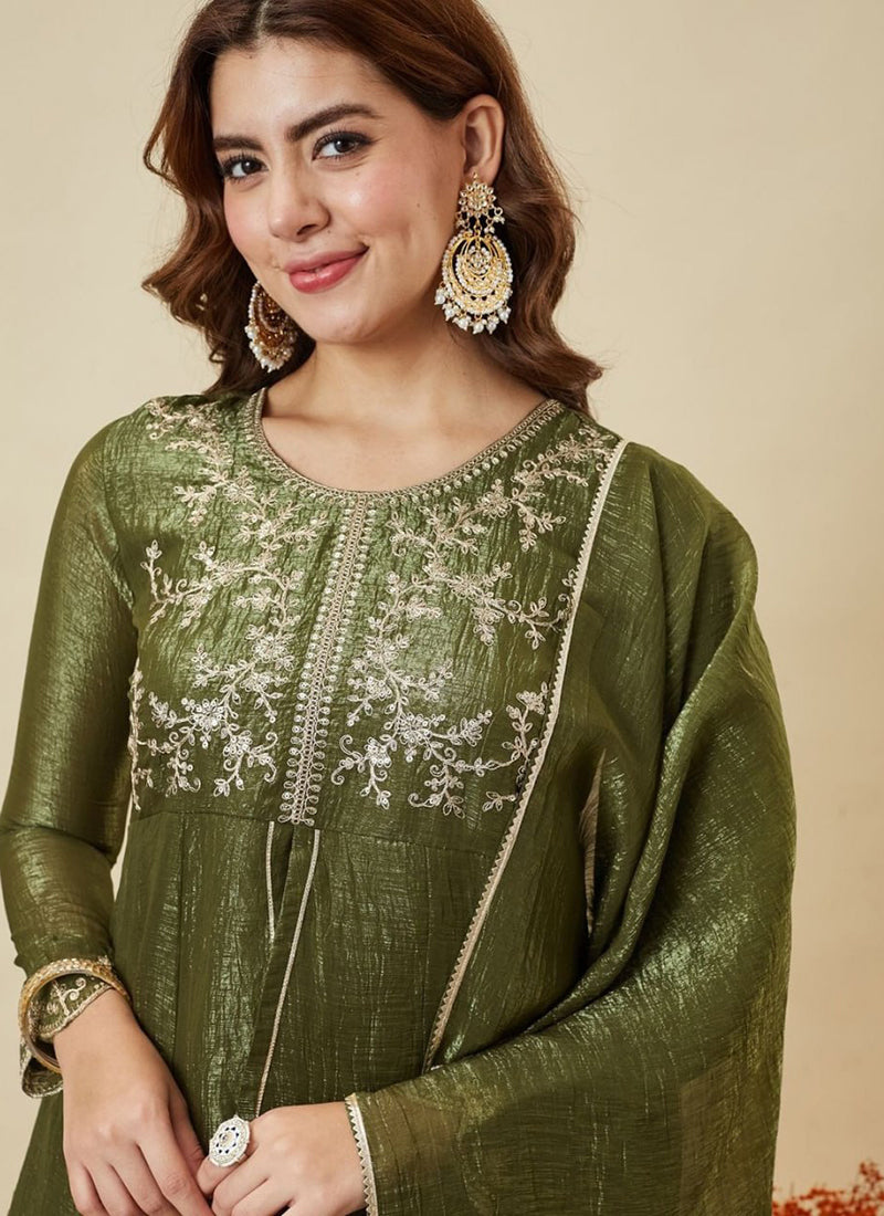 Green Silk Zari Embroidered Sharara Style Festive Kurta Set