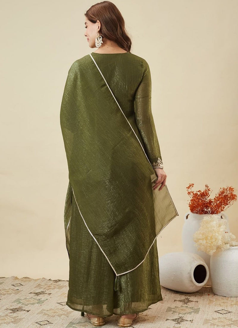 Green Silk Zari Embroidered Sharara Style Festive Kurta Set