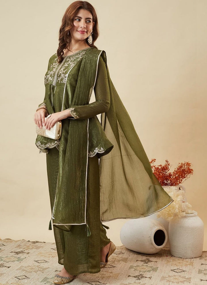 Green Silk Zari Embroidered Sharara Style Festive Kurta Set