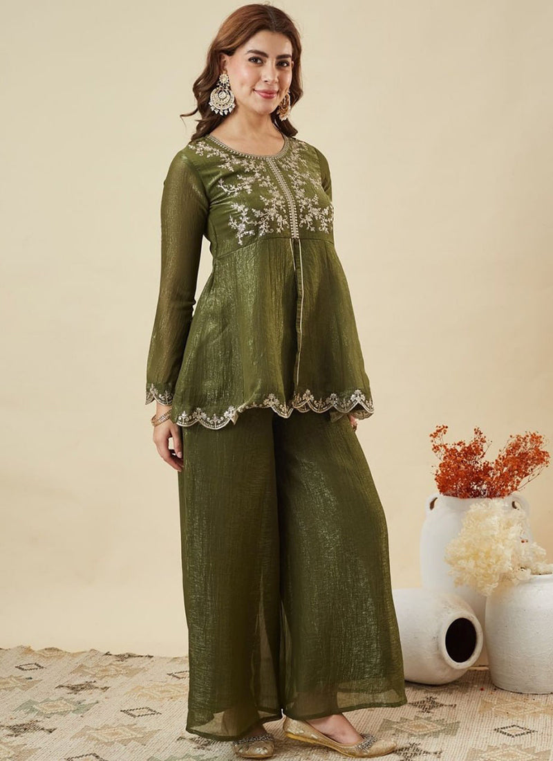 Green Silk Zari Embroidered Sharara Style Festive Kurta Set
