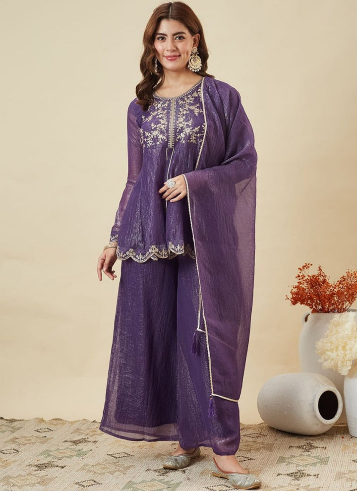 Purple Silk Zari Embroidered Sharara Style Kurta Set