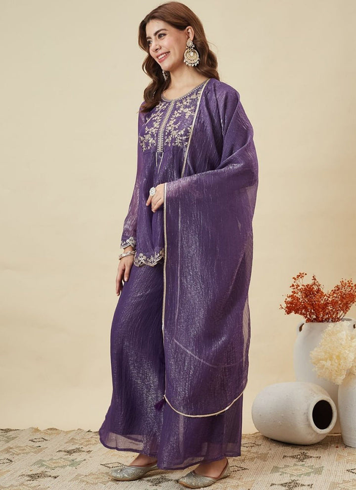 Purple Silk Zari Embroidered Sharara Style Kurta Set