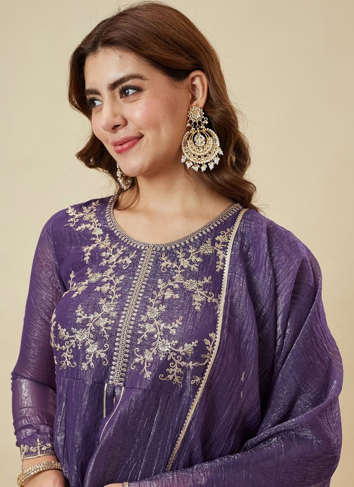 Purple Silk Zari Embroidered Sharara Style Kurta Set