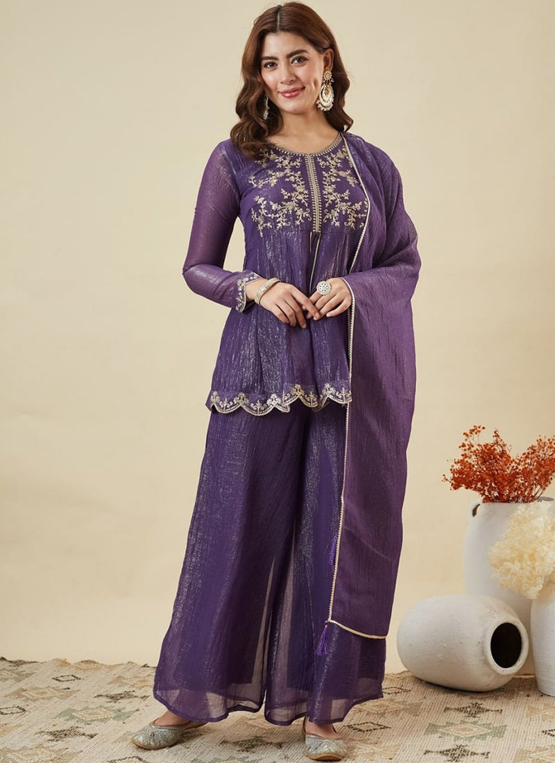 Purple Silk Zari Embroidered Sharara Style Kurta Set