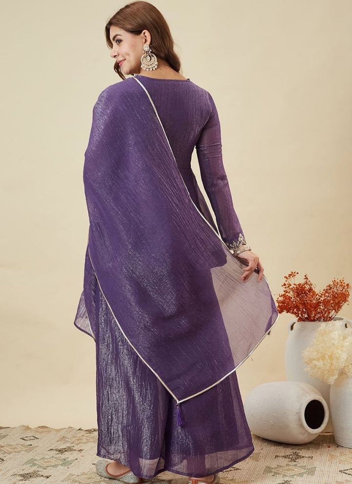 Purple Silk Zari Embroidered Sharara Style Kurta Set
