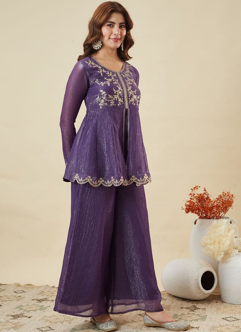 Purple Silk Zari Embroidered Sharara Style Kurta Set