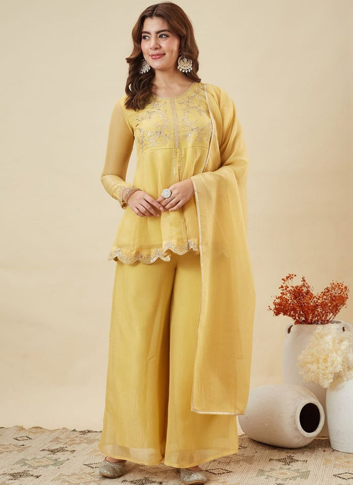 Yellow Silk Zari Embroidered Sharara Style Haldi Kurta Set