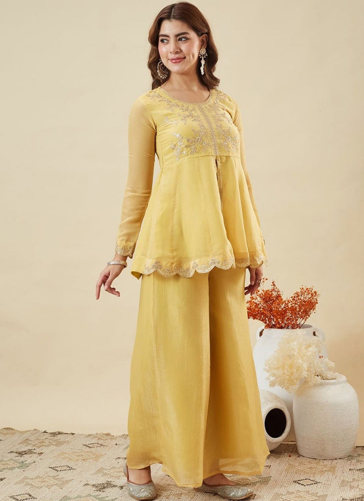 Yellow Silk Zari Embroidered Sharara Style Haldi Kurta Set