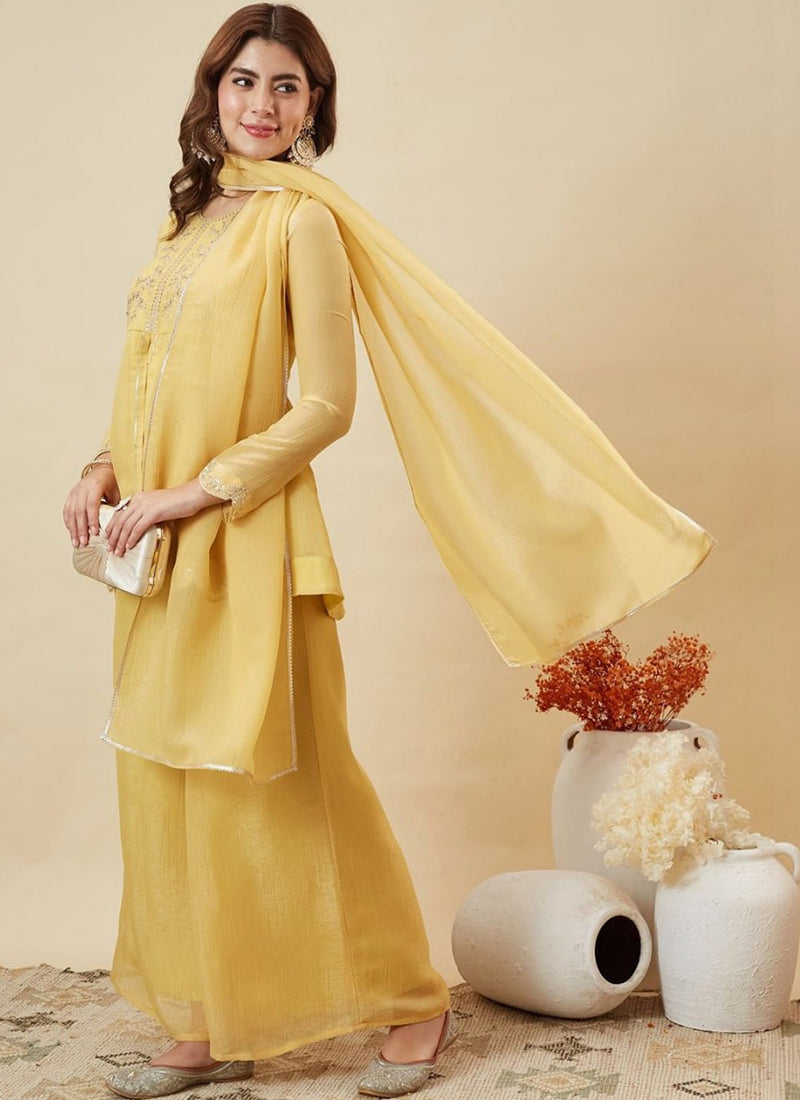 Yellow Silk Zari Embroidered Sharara Style Haldi Kurta Set