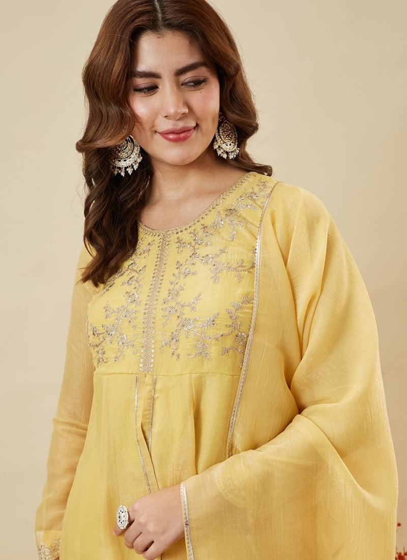 Yellow Silk Zari Embroidered Sharara Style Haldi Kurta Set