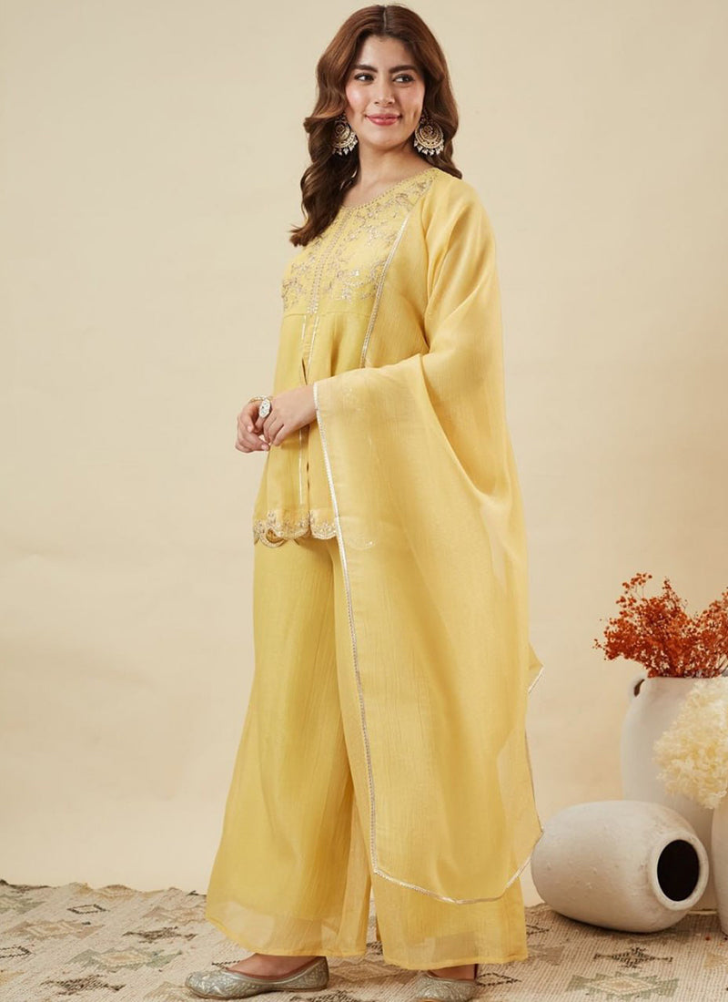 Yellow Silk Zari Embroidered Sharara Style Haldi Kurta Set