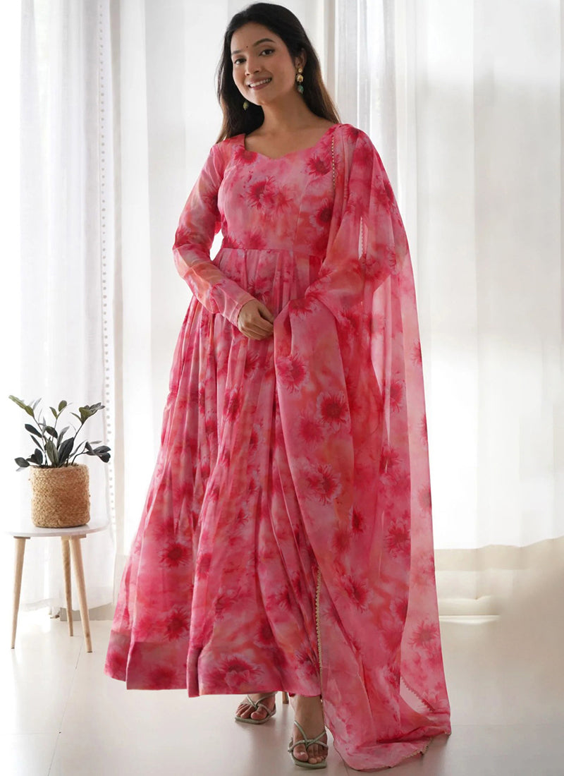 Pink Georgette Printed Anarkali Style Gown With Dupatta