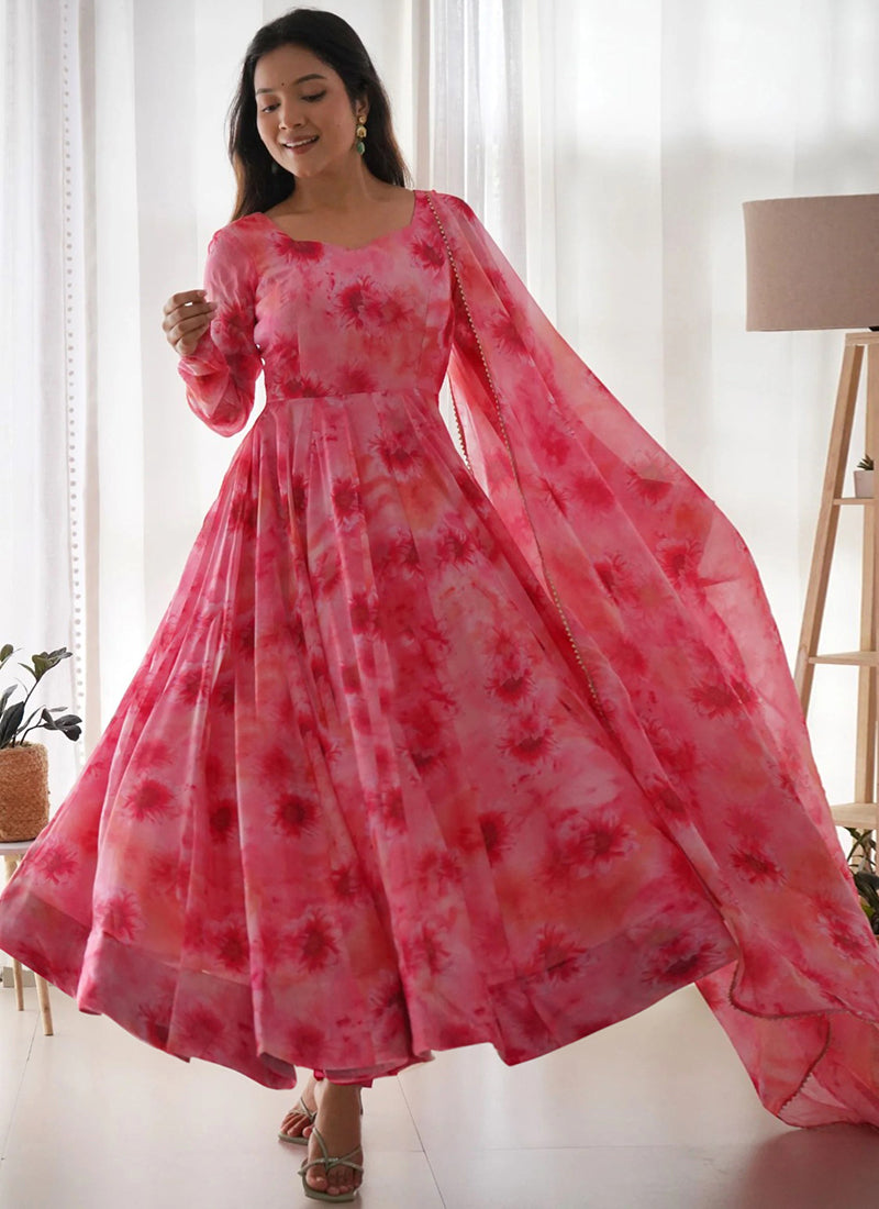 Pink Georgette Printed Anarkali Style Gown With Dupatta