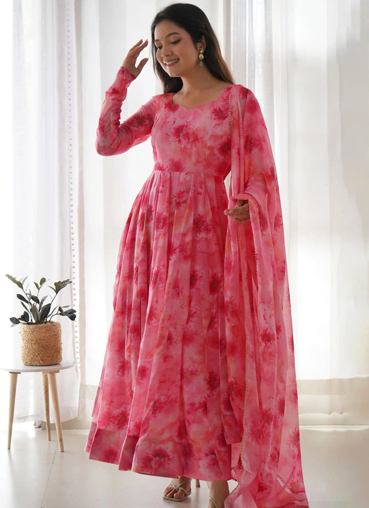 Pink Georgette Printed Anarkali Style Gown With Dupatta