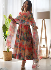 Multi Color Printed Organza Party Wear Dress With Dupatta