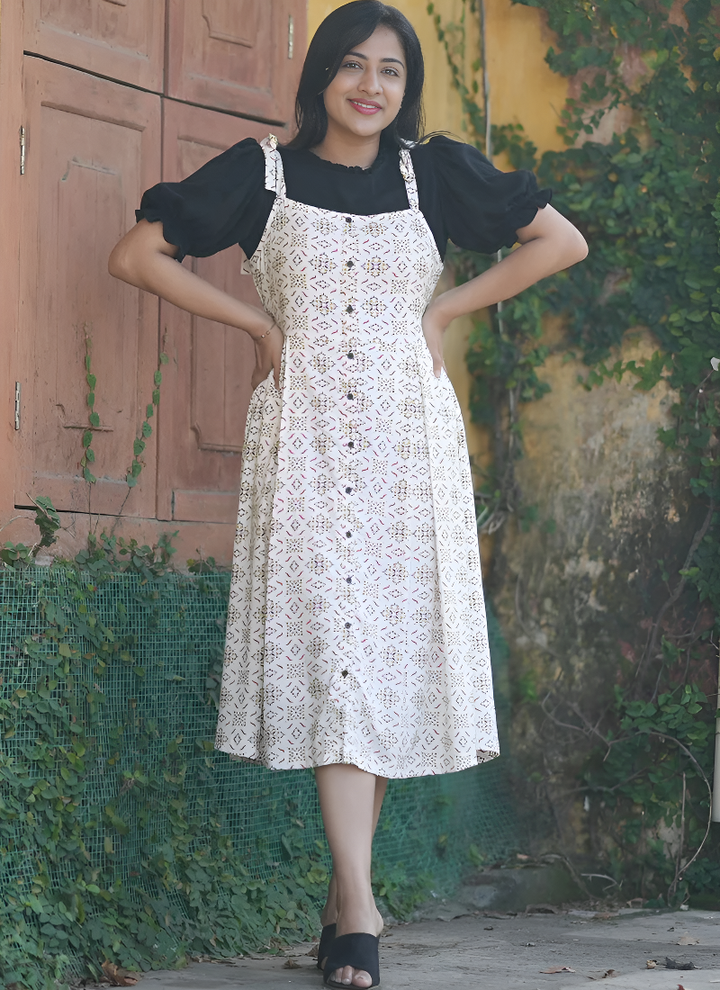 Black And Cream Printed Rayon Two Piece Dungaree Dress