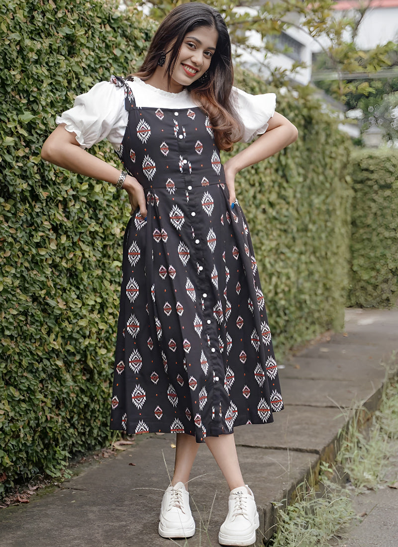 Gripping Black Rayon Ekat Print Dungaree Dress