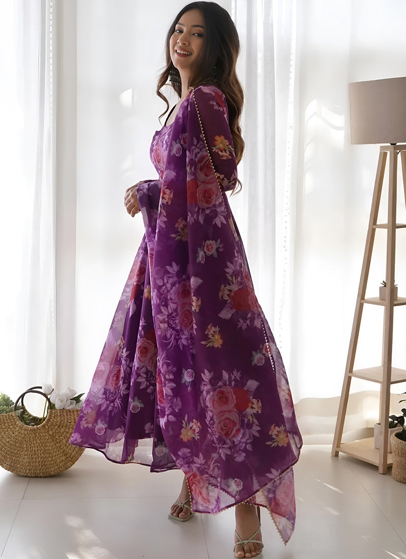 Purple Flower Printed Organza Dress with Dupatta