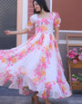 White And Pink Flower Printed Georgette Partywear Dress