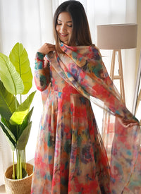 Multi Color Printed Organza Party Wear Dress With Dupatta