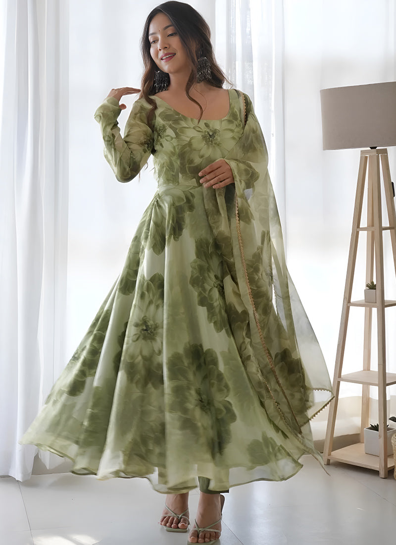 Mehendi Digital Printed Organza Dress With Dupatta