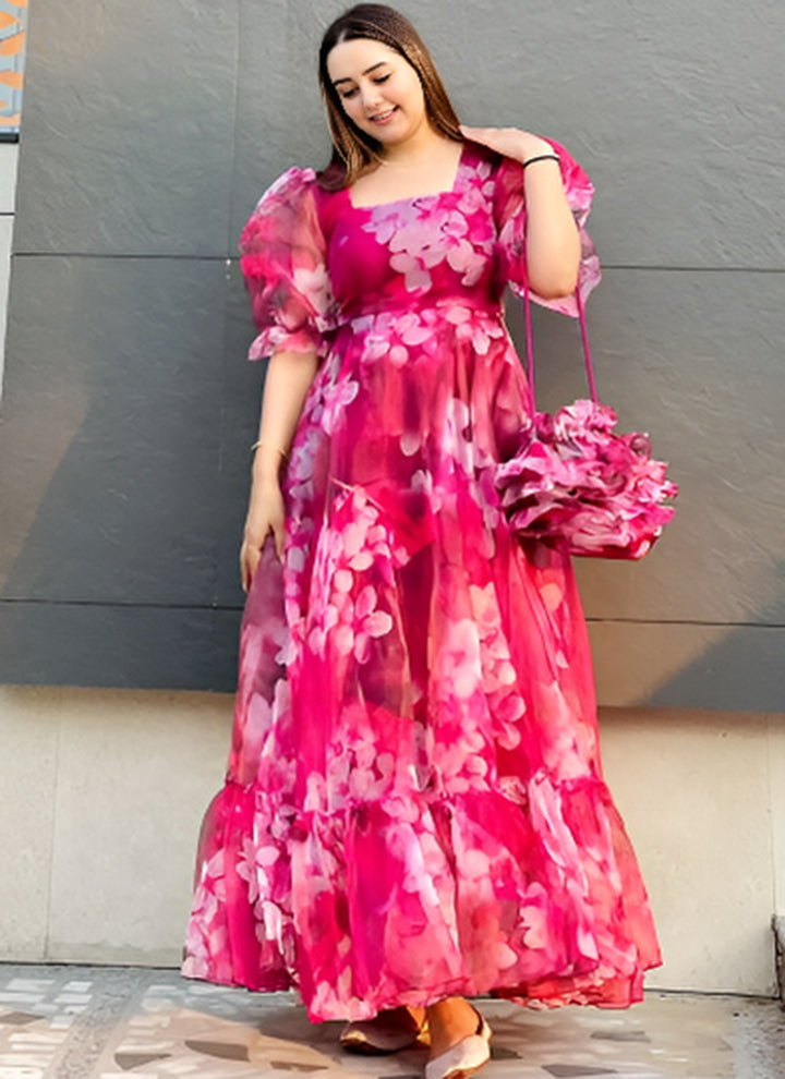 Hot Pink Flower Printed Organza Partywear Dress